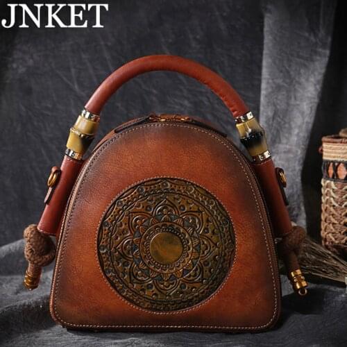 JNKET New Genuine Leather Womans Bag Retro Handbag Embossed Totem Single Shoulder Bag Messenger Bag