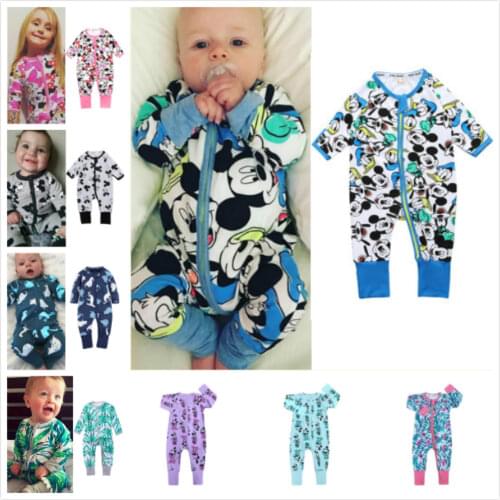 Newborn Baby Rompers Mickey Minnie Mouse Dinosaur Print Spring Autumn Kid Boy Girl Long Sleeve Zipper Infant Even Climb Clothing