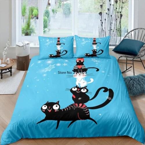 Cats Bedding Set Cute Duvet Cover Cartoon Bedclothes Blue White Home Textiles Bedspread Queen King Size Gift for Kids Boys Girls