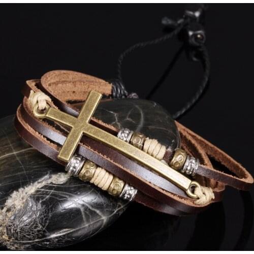 Brown Cross Leather Mens Bracelet Adjustable Rope Cowhide Beaded Bracelets Bangles for Fashion Men Wristband Male Jewelry