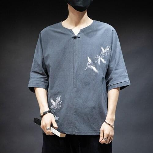 Chinese Style Linen T-Shirt MenS Summer Embroidery Kung Fu Clothes Tang Suit Shirt Loose T-Shirt Japanese Kimono Men New 30621