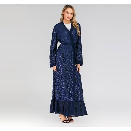 Aligaia Fashion Lace Embroidered Sequin Robe Dress For Women 2021 Summer New Dubai Kimono Turkey Islam Muslim Hijab Dress