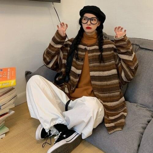 2021 Mens Cardigan Long Sleeve Top Striped Knitting Simple Loose Casual Jackets Fashion Wool Sweaters Brown/black Coats M-2XL