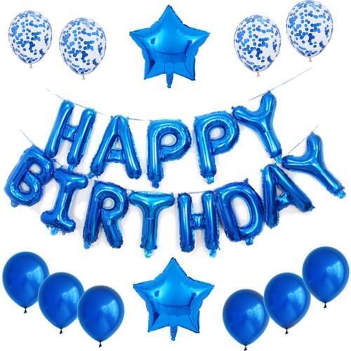 1 set for 16inch blue happy birthday foil balloons set with 12inch blue confetti balloons birthday party decor