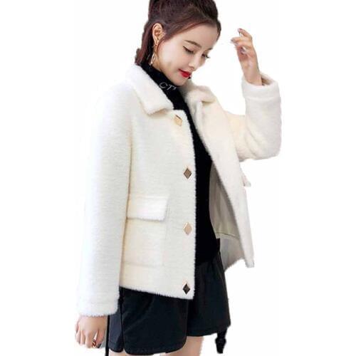 Mink fleece cardigan short parka jacket female spring autumn new style lapel knitted sweater long-sleeved woolen overcoat