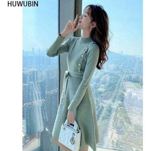 2021 Autumn And Winter New Womens Clothing Design Sense Of Fashion Simple Medium And Long Slim Strapping Knitted Dress