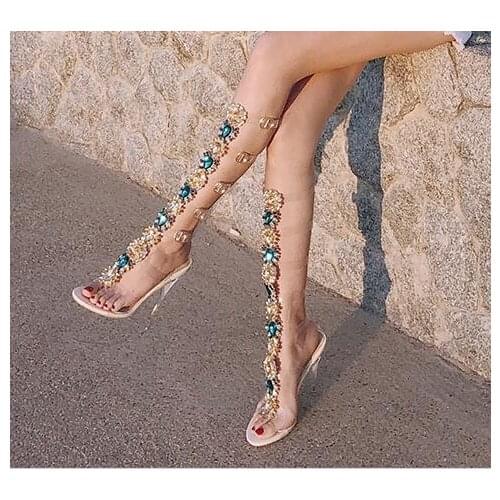 New hand-stitched gemstone rhinestone sandals Roman high heel crystal transparent sandals diamonds rhinestones knee high sandal