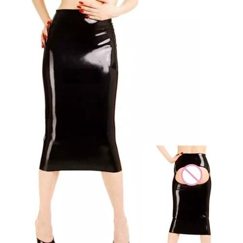 23 Colors Novelty Knee Length Lady Skirt Sexy Open Buttock Skirt Nightclub Performance Costume Hollow Out PVC Wetlook Midi Skirt