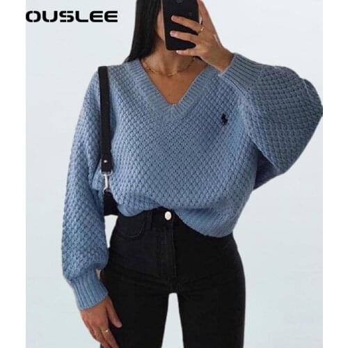 OUSLEE Women Spring Autumn Sexy v-neck Loose Top Women Harajuku Long Sleeve Pullovers Vintage Ladies Jumpers Knitted Sweater