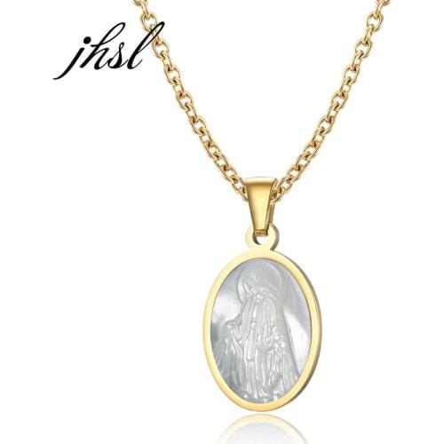 Unisex the Virgin Mary Necklace Oval Pendant Women Men Shell Fashion Christian Jewelry Christmas Gift Stainless Steel Gold Color
