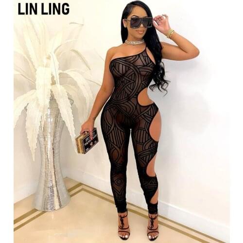 LINLING Women One Piece Outfits Mesh Sheer Bodycon Jumpsuit Long Sleeve See Through Party Jumpsuits