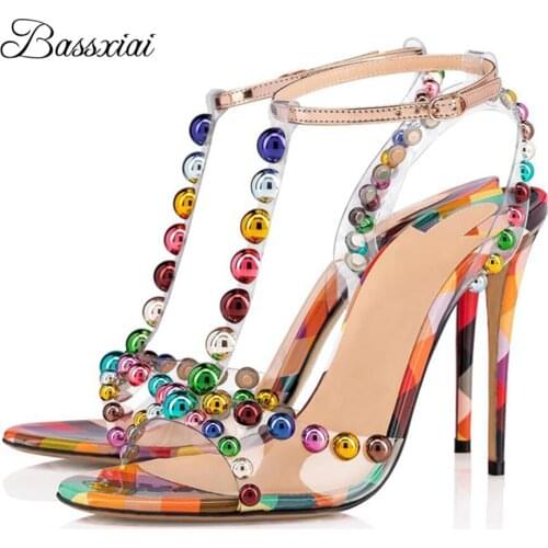 Colorful Rivet Ball Sandals For Women Ladies Stiletto Heel Sexy Open Toe T-strap PVC Transparent Summer Girls Shoes