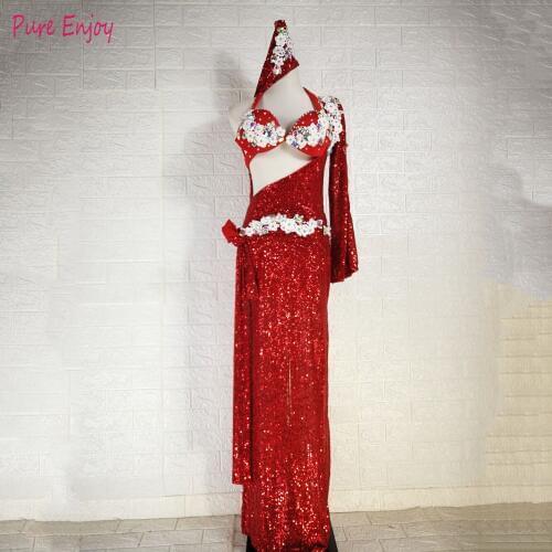 High-end custom Sexy Belly dance Chiffon Robe dress bra set for Women Performance Costume Wear New sequin gown performance suit