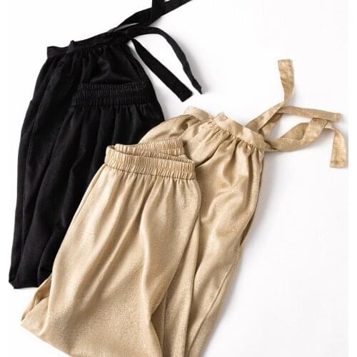 Woman Pants Summer 2021 Silk Black Pants Women High Waist Bloomers Korean Fashion Casual Trousers Pantalon Pour Femme Pph5028