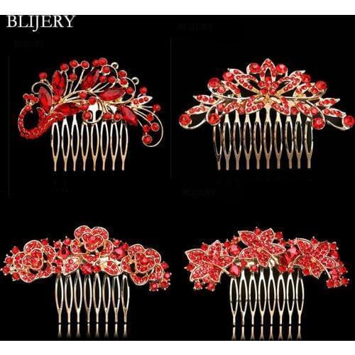 BLIJERY Gold Color Crystal Wedding Hair Combs Red Rhinestone Floral Bridal Hair Accessories Party Show Tiaras Women Hair Jewelry