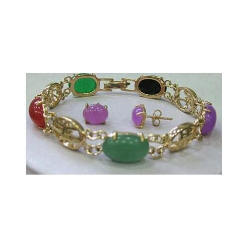 Women Multicolor Jade Jewelry bangle bracelet earrings set 7.5"