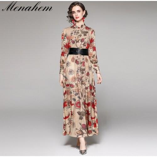 Menahem Runway Flower Print Dress Autumn Women Vintage Stand Collar Full Sleeve Loose High Waist PU Sashes Holiday Maxi Vestidos