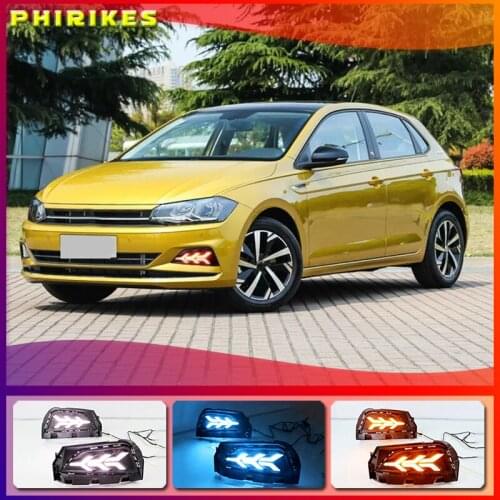 2PCS Car DRL For Volkswagen Polo 2019 2020 LED Daytime Running Light Fog Lamp Sequential Yellow Turn Signal Function
