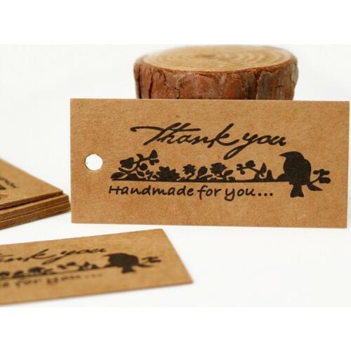 50pcs Bird Thank you Handmade DIY Kraft Gift Tag Party Wedding Message Gift Tag Hang Tag Craft Cards Label Hemp String Included