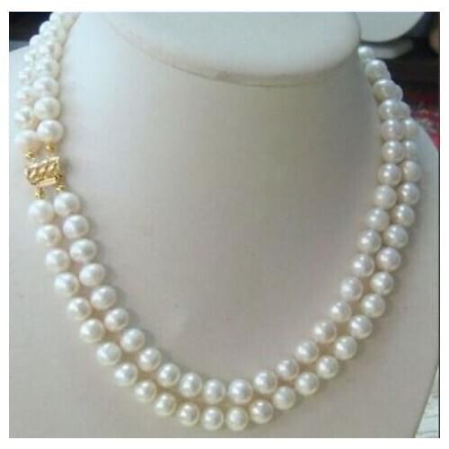 Hot-2row 9-10 mm -AKOYA-REAL-WHITE-PEARL-necklace-14K-buckle chain length