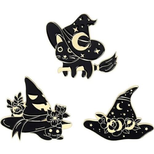 HOSENG Black and White Witch Hat Cartoon Brooch Halloween Gift Alloy Creative Party Enamel Pin For Lapel Coat Jewelry HS_605