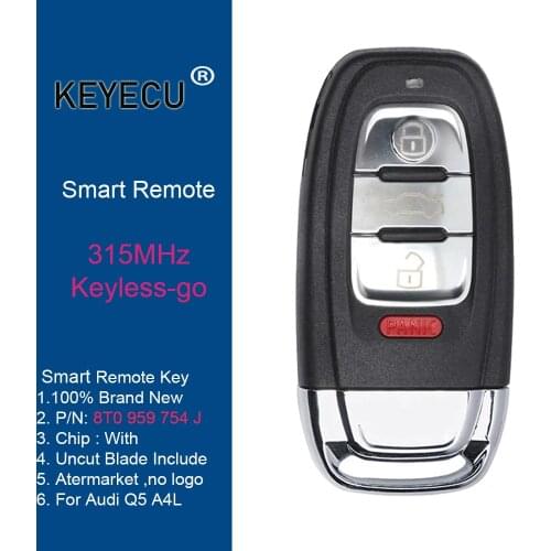 KEYECU Keyless-Go Smart Remote Control Car Key With 3+1 4 Buttons 315MHz - FOB for Audi Q5 A4L, P/N: 8T0 959 754 J , 8T0959754J
