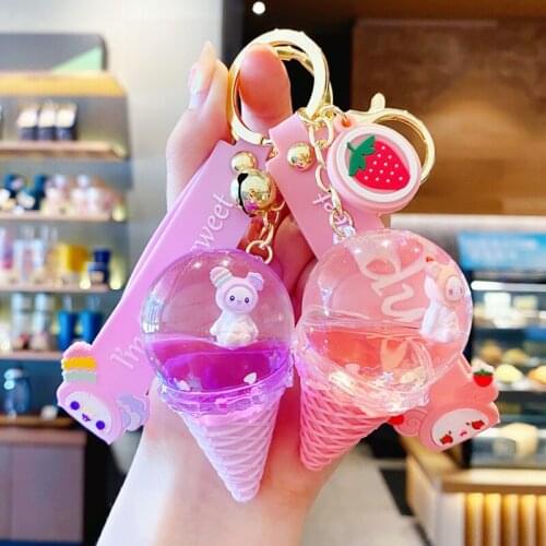 Creative Cute Crystal Ice Cream Keychain Luxury Floating Moving Liquid Quicksand Keyring Women Car Bag Pendant Keyfob Jewelry