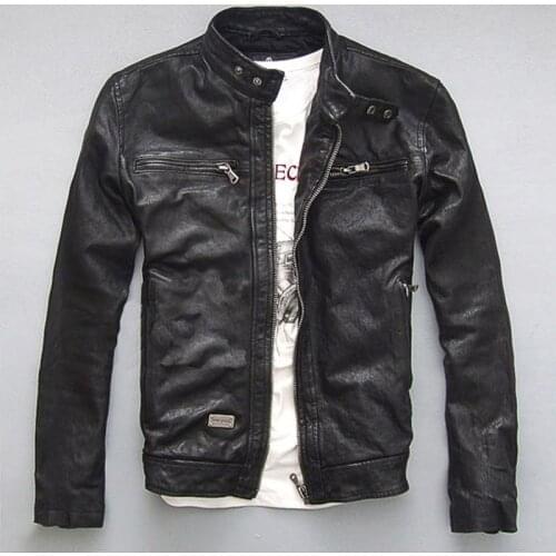 Mens genuine leather leather clothing slim motorcycle goat leather jacket cowhide distressed autumn coat