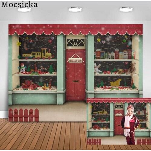 Mocsicka Christmas Shop Backdrop Winter Snow Scene Newborn Portrait Photography Background for Photo Studio Shop Window Red Door