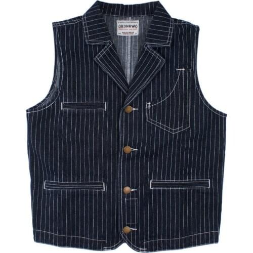 Style Mens Japanese striped Denim Vest Multi-pockets Fashion Suit Waistcoat Motorcycle Biker Vests Hunting Sleeveless Jackets