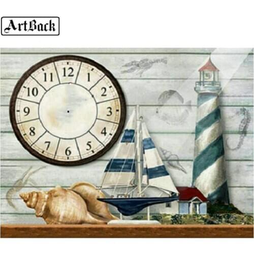 Full square &round drill diamond painting wall clock lighthouse sailing landscape diamond mosaic 5d diamond embroidery 60x80cm