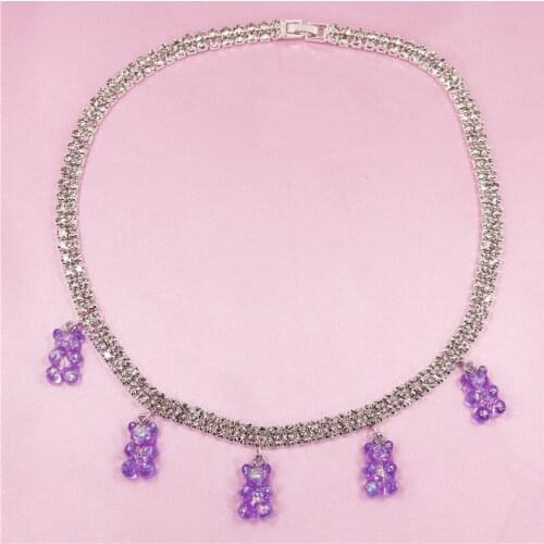 Handmade Rhinestone Colorful Jelly Teddy Bear Charm Necklace Hip Hop Gummy Pendant Crystal Gold Color Chain Necklace Jewelry