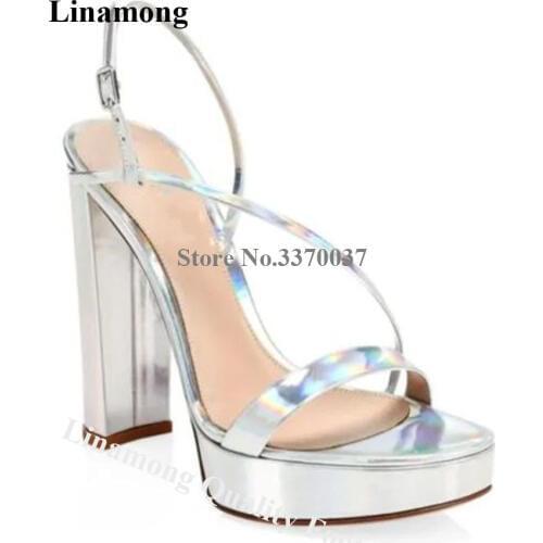Linamong Charming Patent Leather Thin Straps Cross Chunky Heel Sandals Silver Gold Black High Platform Sandals Dress Shoes Heels