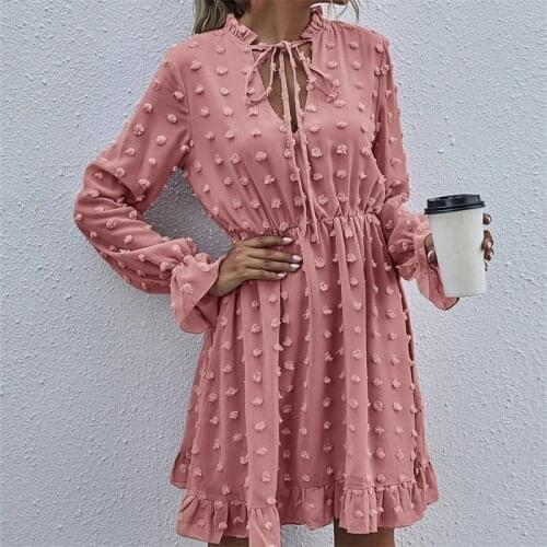 Hirigin Fall Women Dress Ladies Chiffon Shirt Dress Women Ruffles Neck Long Sleeve High Waist Mini Summer Dress Vestidos 2021