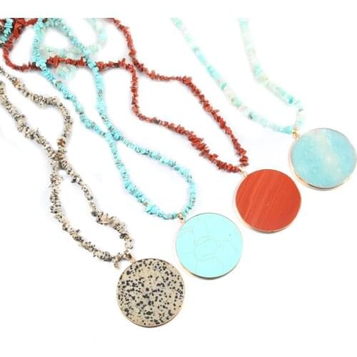 Natural Stone Necklace Oblate Amazonite Turquoises Stone Pendant Long Chip Stone Chain Charms for Women Jewelry