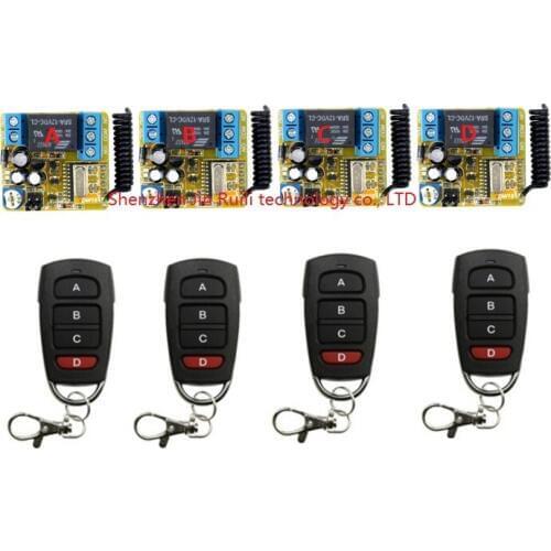 DC12V 1CH Time delay Remote Control Switch System 4pcs Transmitter with 4pcs Receiver for Appliances Gate Garage Door