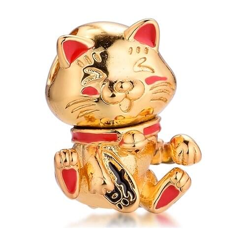 Fits Pandora Bracelet Cute Fortune Cat Charms Original 925 Sterling Silver Animal Beads DIY Jewelry Making Berloques 2021 New