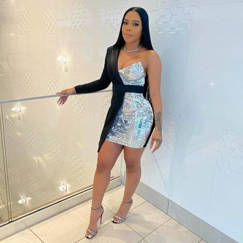 Sexy Sequined Mini Dress Women Fashion Nightclub Single-sleeve Sequined Mini Party Dress Women