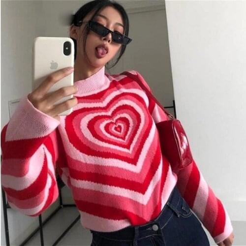 2021 New Women Love Heart Print Sweater, Long Sleeve O-neck Knitted Pullover for Winter, Autumn and Winter