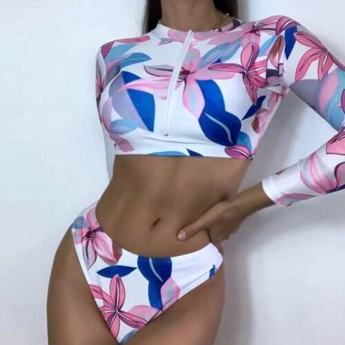 40# Sunscreen Bikini Women Leaf Print Long Sleeve Tankini Push-up Padded separate Swimsuit Beachwear Set Купальники Женские