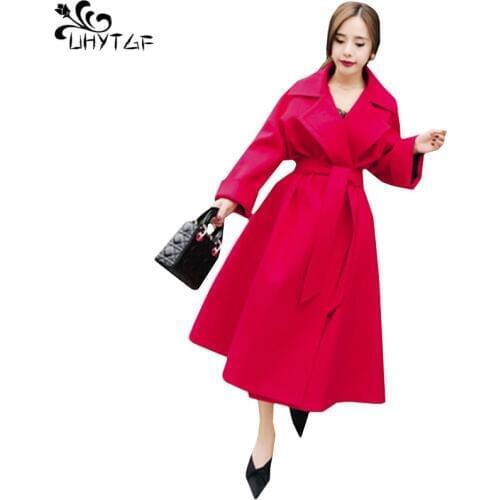 UHYTGF Womens Autumn Woolen Coat 2018 Plus size long Korean Woman Wool Coats Fashion belt Loose Woman Coats High quality 367