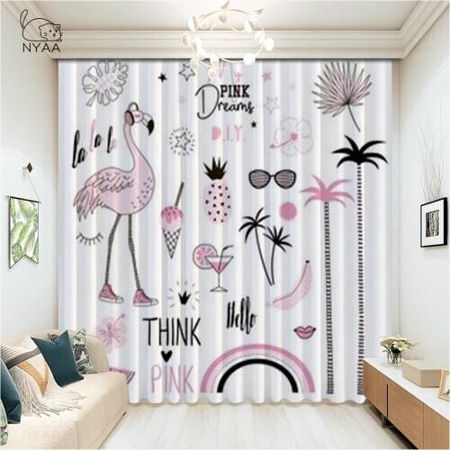 Pink Flamingos Curtain Girl Room Floral Cartoon French Curtains Blackout Window Photo Curtains 3D For The Hall Micro Shading
