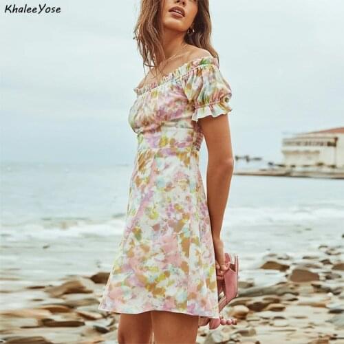 KHALEE YOSE Floral Colorful Mini Dresses Chiffon Off-shoulder Women Dress Short Sleeve Ruffles Trim Backless Casual Chic Dress