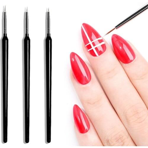 3Pcs Acrylic French Stripe Black Nail Art Liner Brush Set 3D Tips Manicure Ultra-thin Line Drawing Pen UV Gel Brushes 3 Sizes