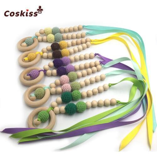 5pcs Baby Teether Necklace Safe Bright Ribbon Teether Necklace Organic Natural Wooden Crochet Bead Mom Kids Wooden Teether