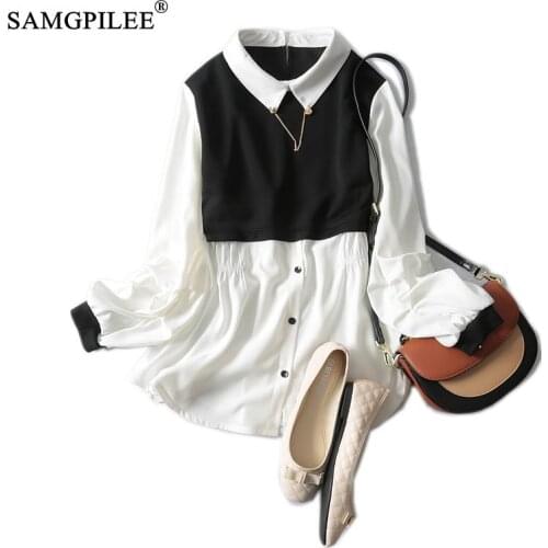 Plus Size Spring 2021 New Fake Two Pieces Long Sleeve Patchwork Blouse Button Design Elegant Shirts Female Fashion Tops Women