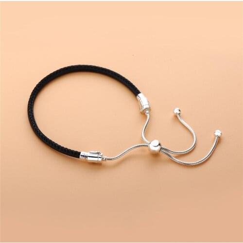 100% 925 Sterling Silver Original Fit 1:1 Charms Moments Black Leather Slider Pan Bracelet
