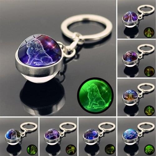 12 Constellation Luminous Keychain Glass Ball Pendant Zodiac Keychain Glow In The Dark Key Chains Holder Men Women Birthday Gift