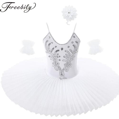 Kids Girls Rhinestones Sequins Swan Tutu Ballet Leotard Dress Arm Sleeves Hair Clip Child Stage Performance Dance Costume Set