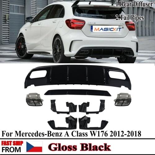 MagicKit Rear Diffuser+Exhaust Tip For Mercedes A Class W176 A45 AMG 12-18 Gloss Black